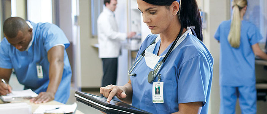 adult, medicine, indoors, woman, healthcare, hospital, doctor, man, nurse, patient, people, medical practitioner, office, looking, clinic, uniform, stethoscope, medical instrument, wear, room